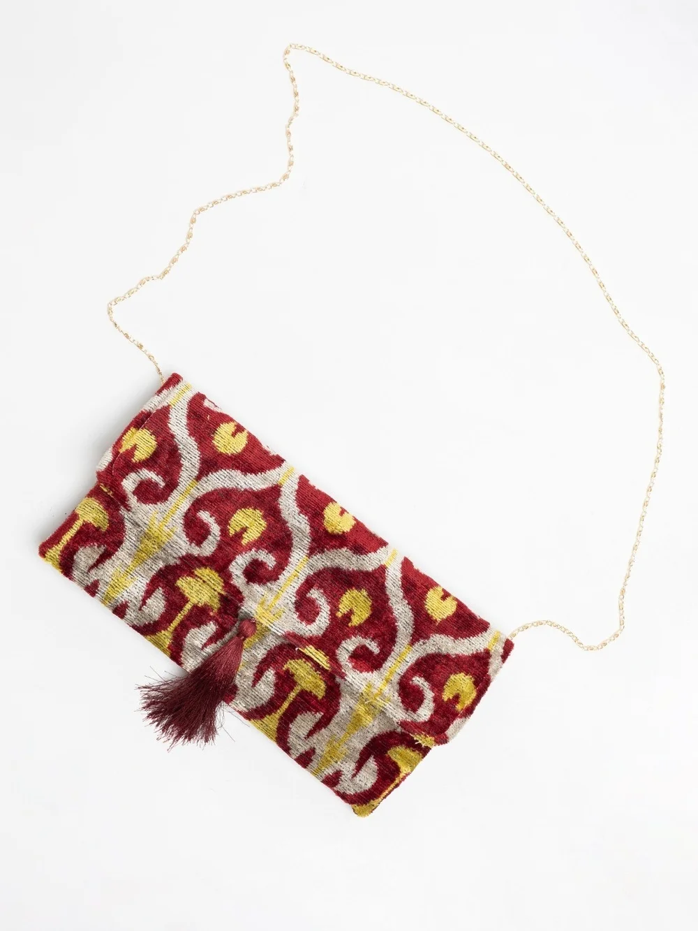 Uzbek SILK VELVET ALO BAHMAL Red Patterned Tassel Fold-Over Clutch